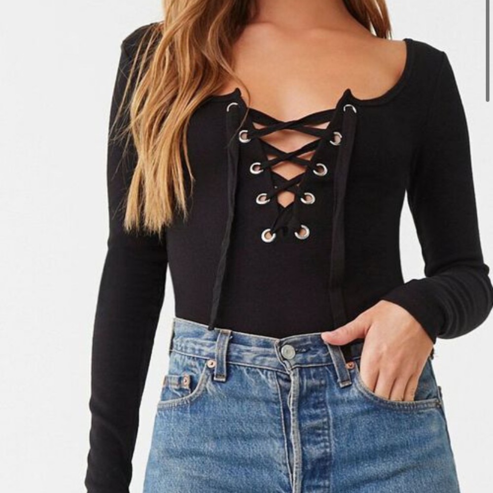 Black long sleeve lace up bodysuit